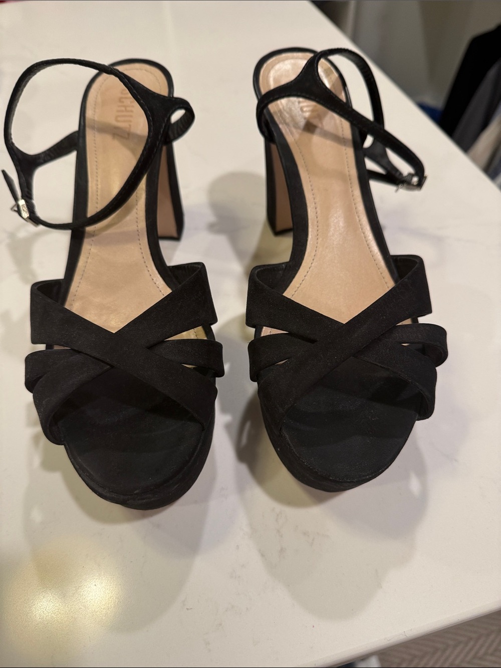 Schutz Black Strappy Block Heel Sandals - Women's Dress Shoes